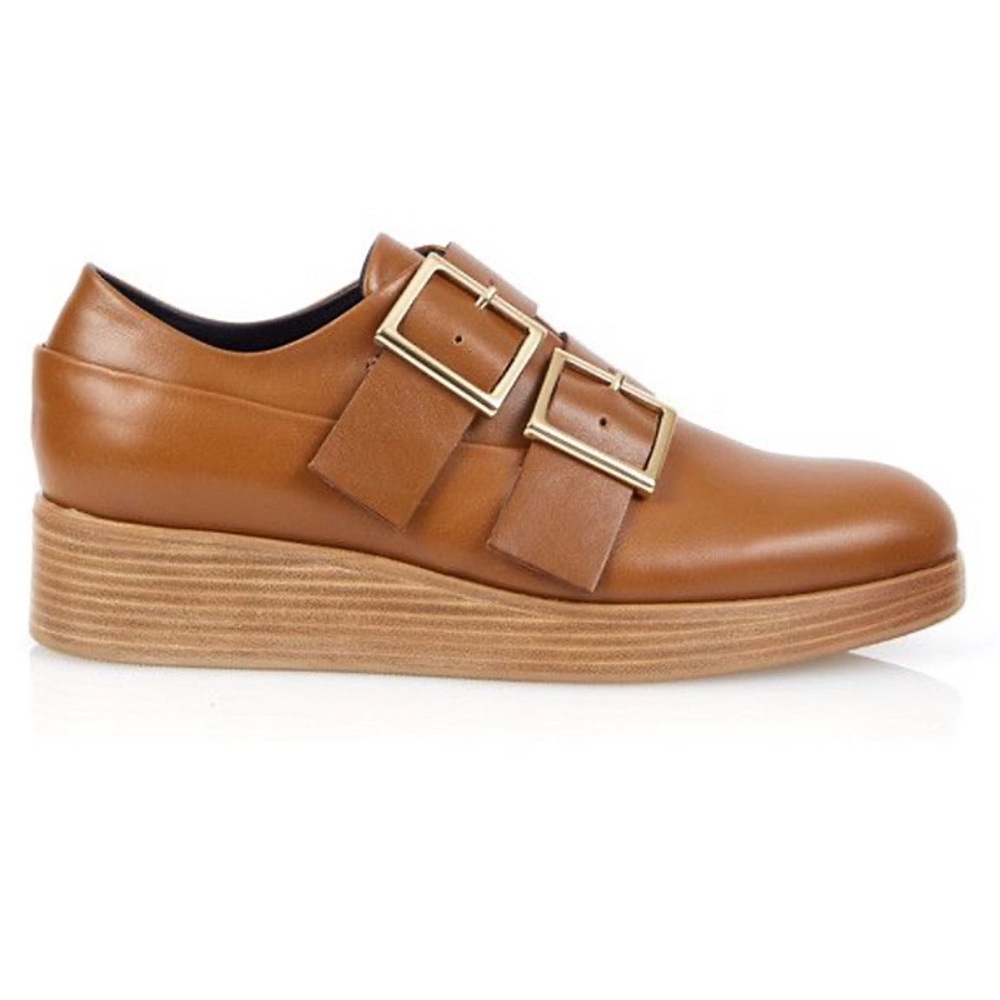 Tibi Petra Tan Leather Wooden Platform Loafers in Iron Bark